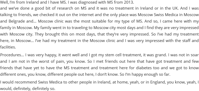 Multiple Sclerosis treatment for Ireland patient